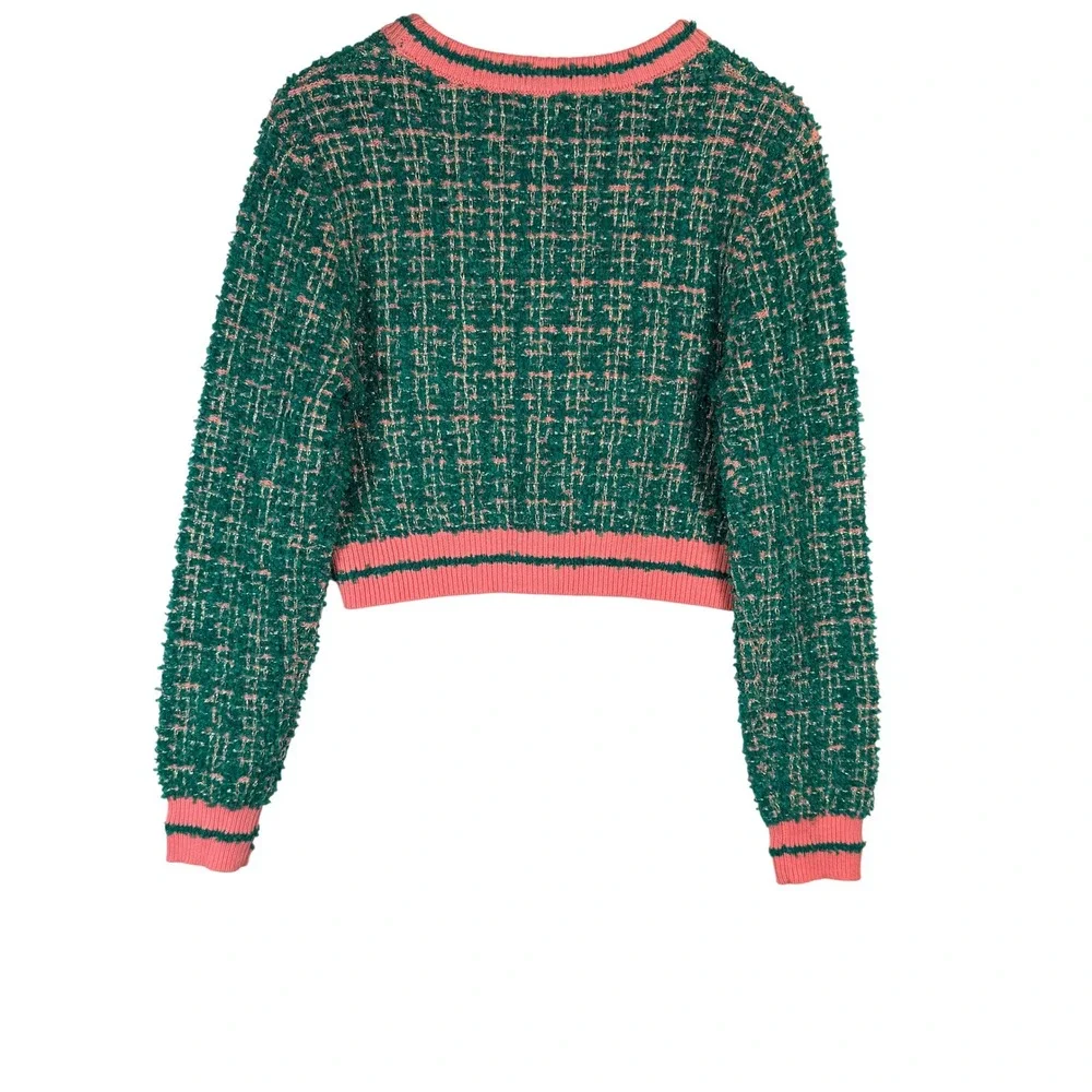 Cider Green Pink Tweed Boucle Cropped Cardigan Sweater Metallic Gold Size L
